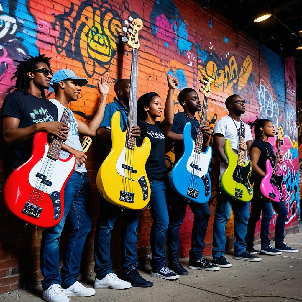 A dynamic scene showcasing a diverse group of bass enthusiasts passionately playing various bass instruments in an urban setting, surrounded by sound waves visually rippling through the air. Include colorful graffiti on the walls that reflects musical evolution and cultural influence. Bright neon lights illuminate the atmosphere, symbolizing vibrant musical connections. super-realistic. vibrant colors. urban street art.
