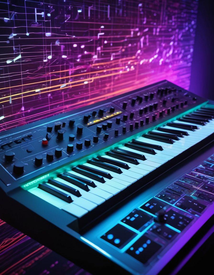 A vibrant collage showcasing the evolution of basslines from analog synthesizers to digital sound waves. Include iconic vintage equipment like a Moog synth, transitioning into modern digital audio workstations on a glowing computer screen. Integrate musical notes and sound waves flowing in dynamic patterns that visually narrate the journey of sound. Use vivid colors to represent the energy of music across eras. 3D effect. vibrant colors.