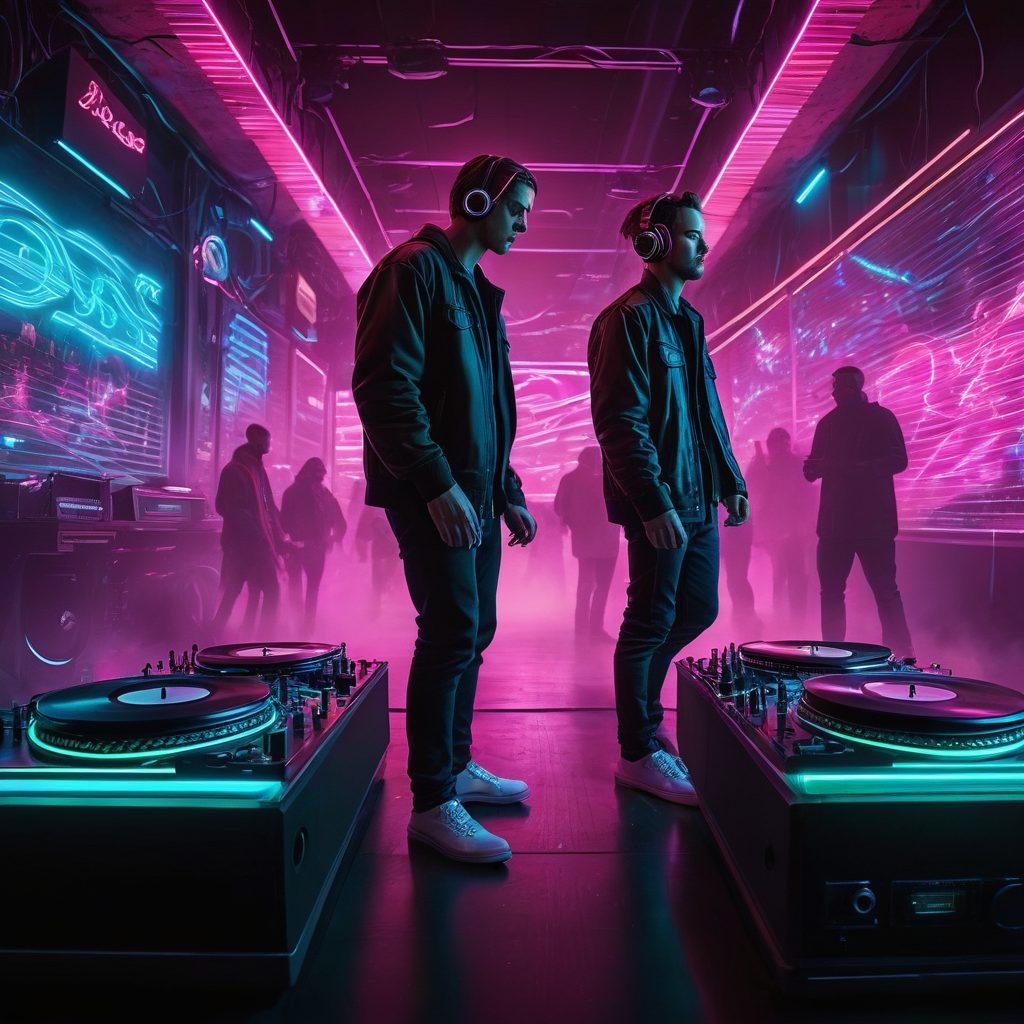 A dynamic scene showcasing a DJ spinning vinyl records surrounded by pulsating sound waves in vibrant colors. Include images of bass instruments like electric bass guitars and subwoofers, while abstract basslines flow like musical notes throughout the scene. The background should feature a crowd enjoying the music with colorful lights illuminating the atmosphere. cyberpunk. super-realistic. vibrant colors.